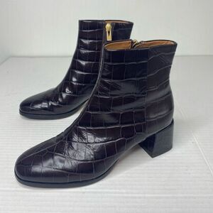 Croc-Embossed Leather Chocolate Brown Ankle Boots Square heel Size 5.5